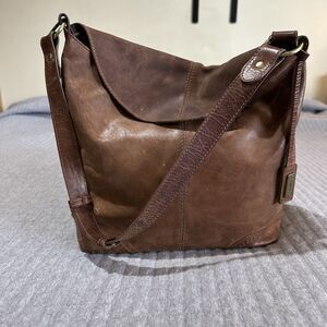 Born Brown Leather Shoulder Hobo Bucket Bag with Strap Accent for Women Boho